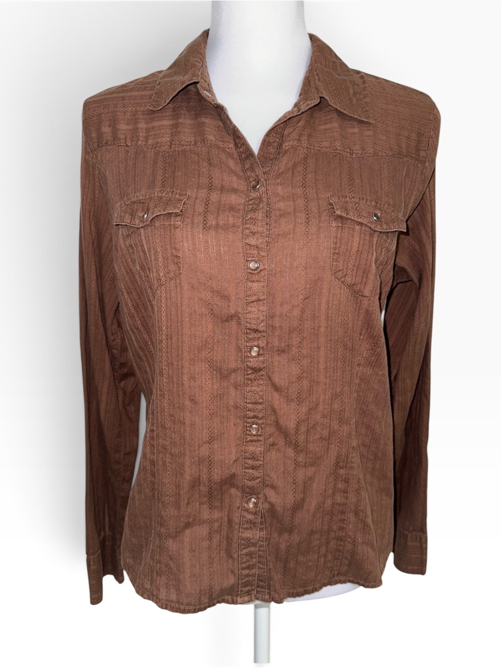 VTG Girl Krazy XL Brown Western Snap Button Shirt 100% Cotton Boho Sheer Y2K